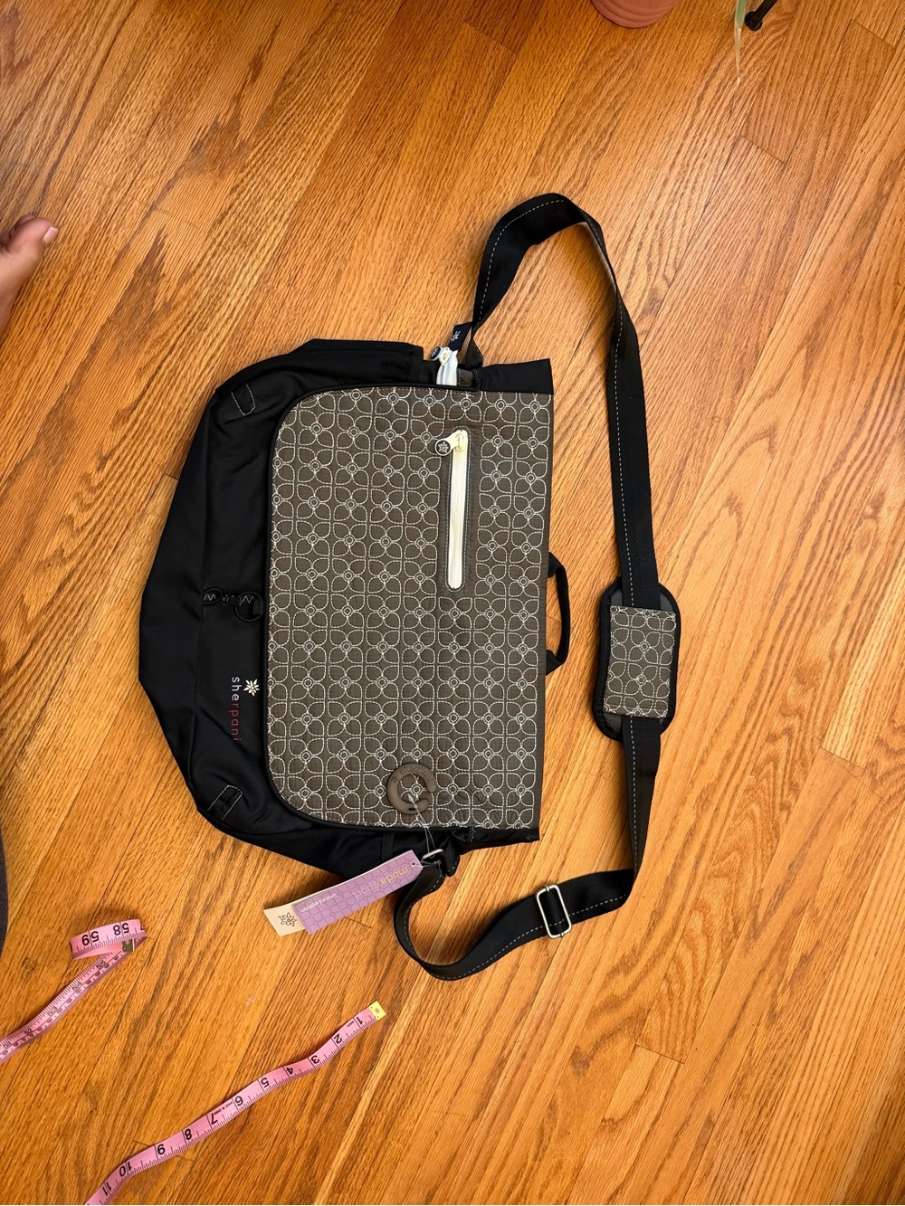 Sherpani Black Messenger Bag with Brown Patterned Flap